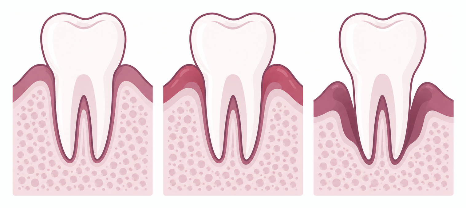 Diagram of gum disease stages: healthy gums, gingivitis, and periodontitis with bone loss